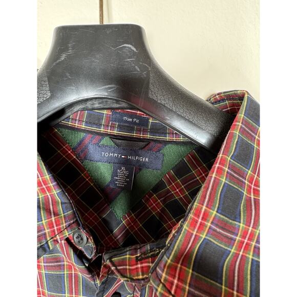 Tommy Hilfiger Big Logo Trim Fit Long Sleeve Button Up Shirt Men’s red Blue‎ XL - Picture 6 of 12